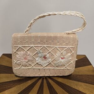 True Vintage 60s Straw Floral Handbag Purse Girls Gift Set Hand Embroidered Smal